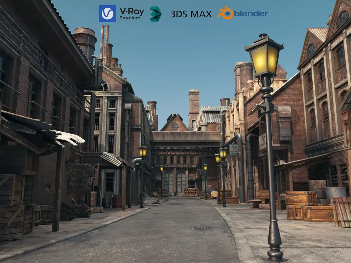 Industrial Vintage Street Environment Low-poly 3D model