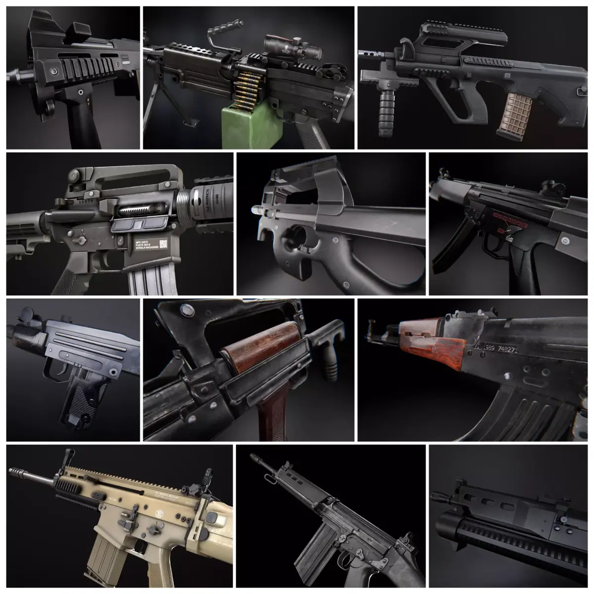 Modern AAA Game Ready weapons pack Assault Rifles SMGs and LMG Low-poly 3D model