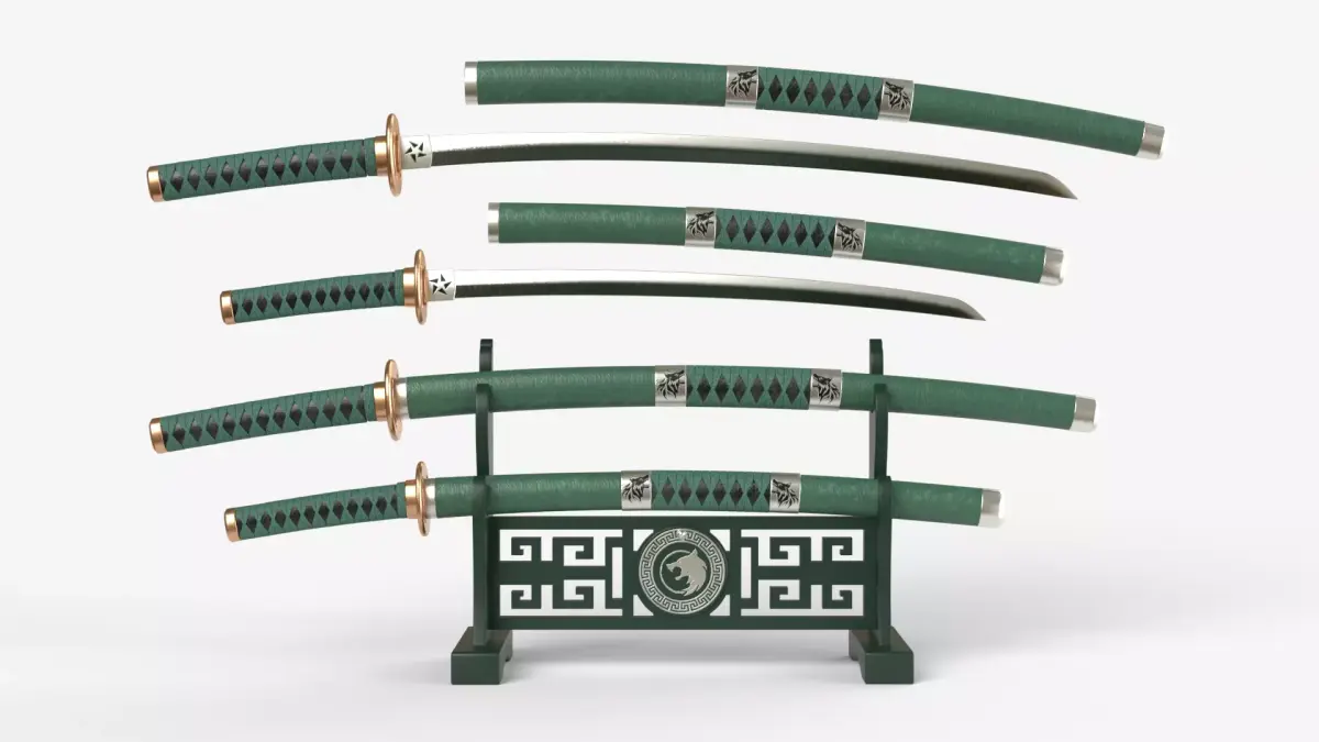 Green Double Bladed Katana Wakizashi and Stand 3D model