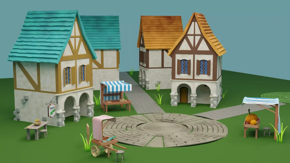 Tiny asset Middle Ages market village Low-poly 3D model