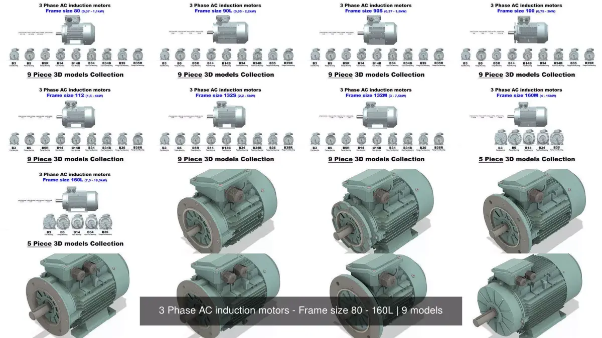 3 Phase AC induction motors - Frame size 80 - 160L 3D Model Pack