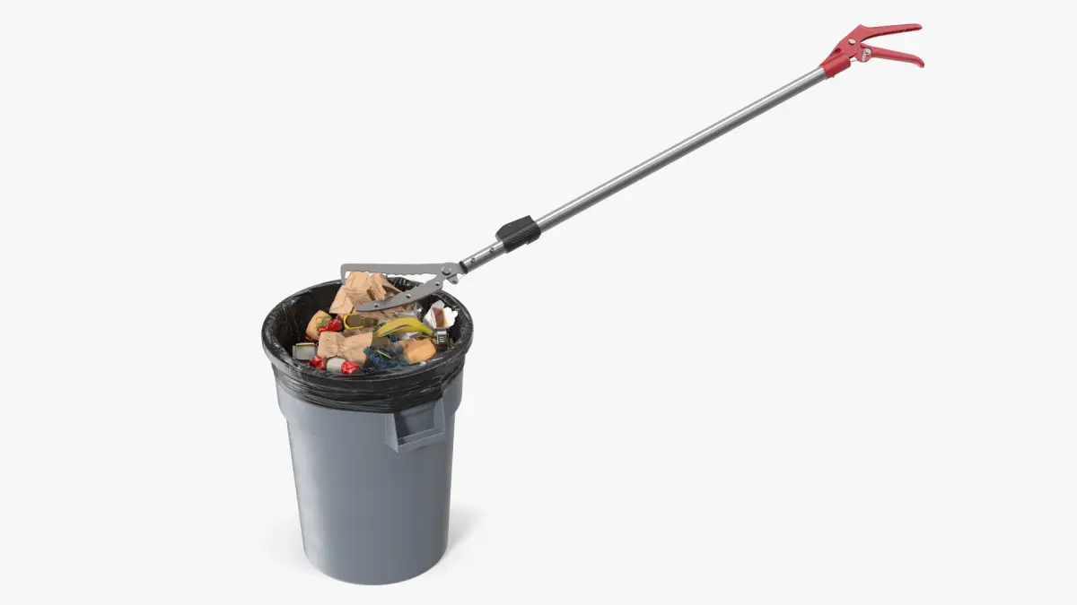 Trash Picker Tool in Use with Garbage Bin 3D model