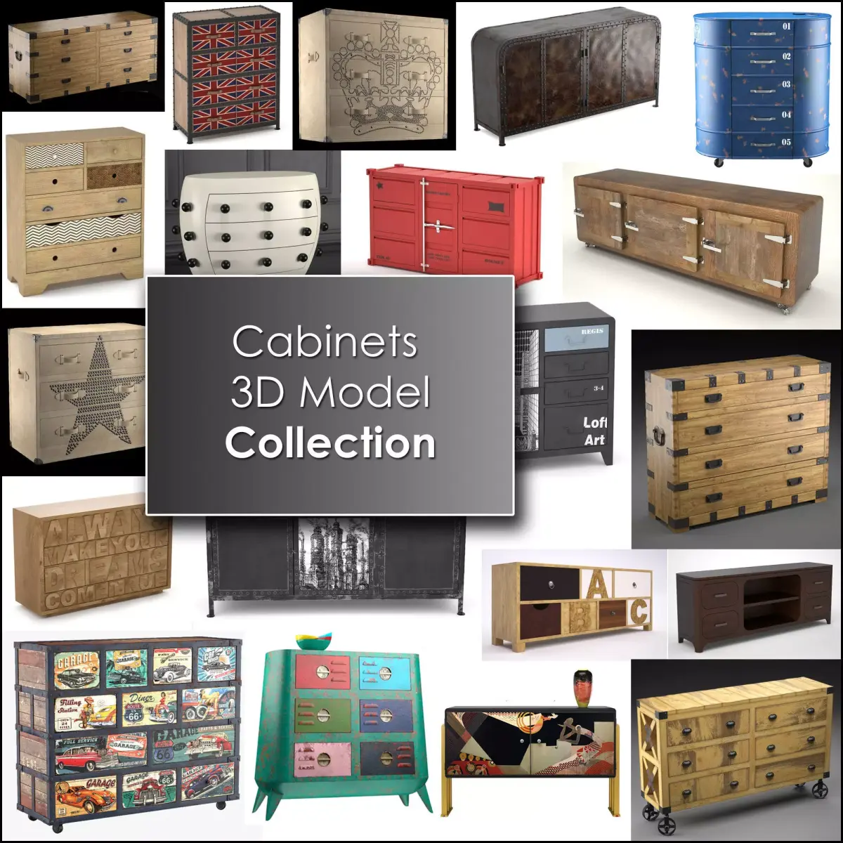 Cabinets industrial style sideboard with city 3D Model Pack