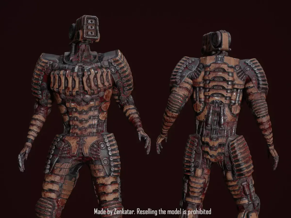 Bloody horror robot with ribbed armor plates Low-poly 3D model