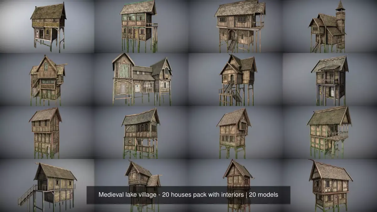 Medieval lake village - 20 houses pack with interiors 3D Model Collection