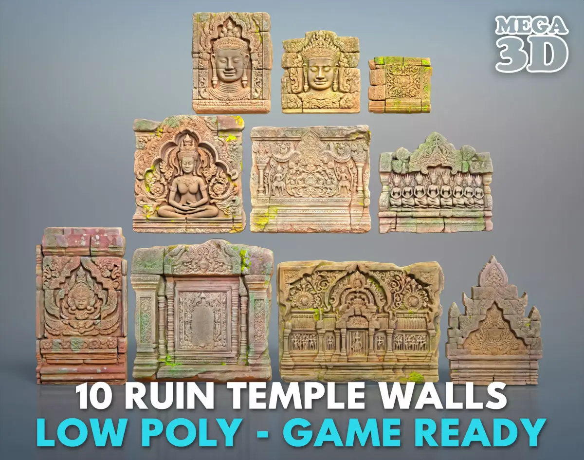 Low poly ruin Temple Walls - 240702 Low-poly 3D model