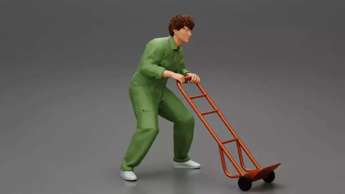 mechanical worker pushing a hand track trolley jack 3D print model