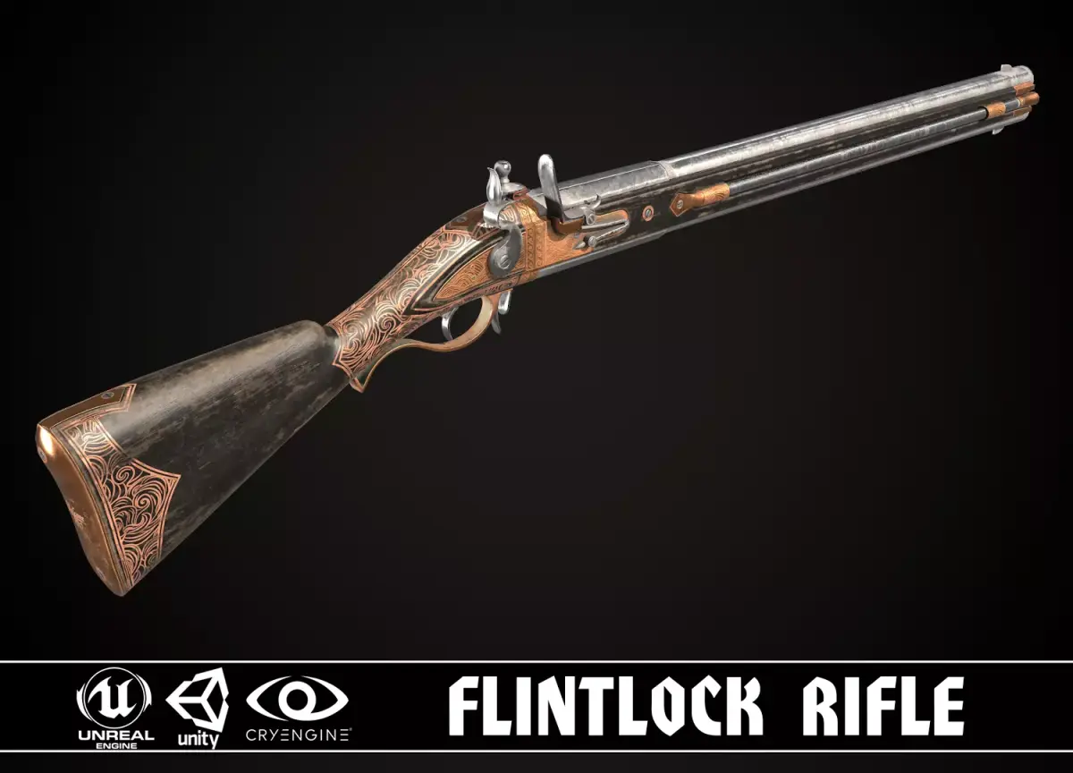 Double-barreled Flintlock Rifle Dark Low-poly 3D model