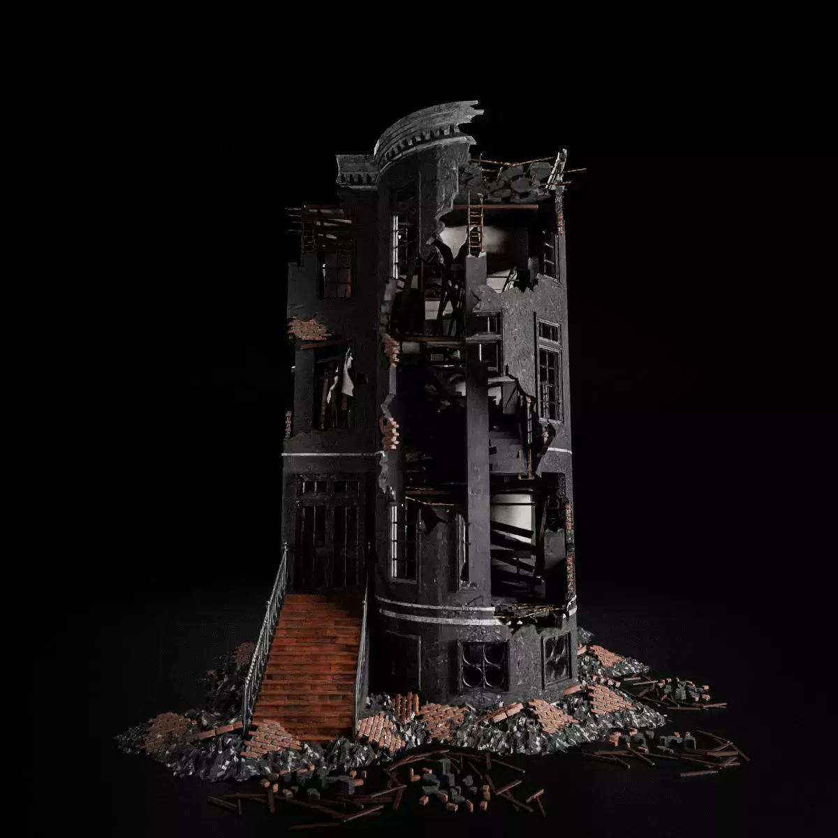 DESTROYED OLD BUILDING POST APOCALYPSE 006 Low-poly 3D model