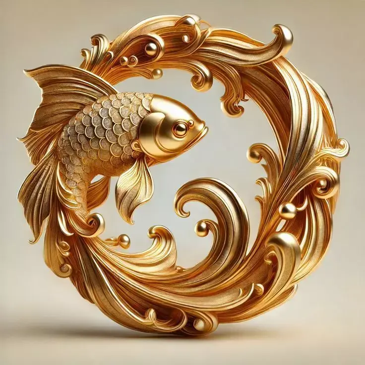 Luxury Gold Fish Sculpture 3D Swirling Waves Baroque Design Low-poly 3D model