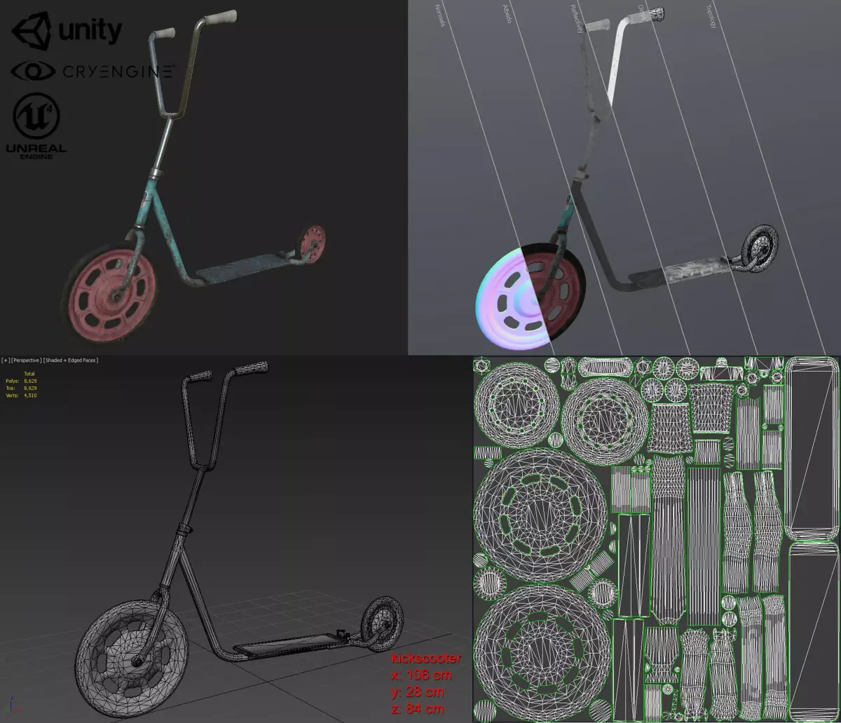 Old Soviet kick scooter Low-poly 3D model
