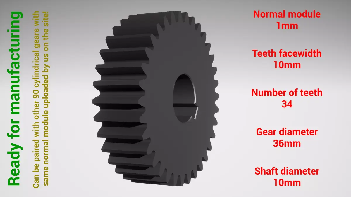 Cylindrical gear - paired - z34 m1 D36 d10 3D print model