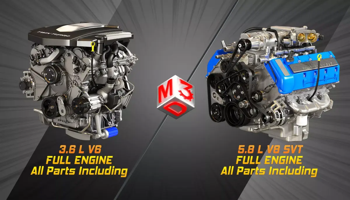 V8 and V6 Full Engines with Internal Parts 3D Model Pack
