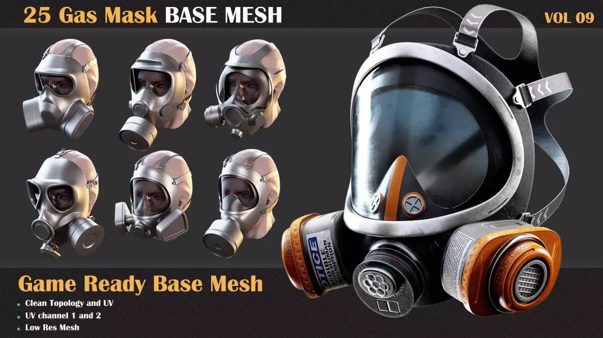 25 Gas Mask Base Mesh - VOL 09 - Game Ready    3D model