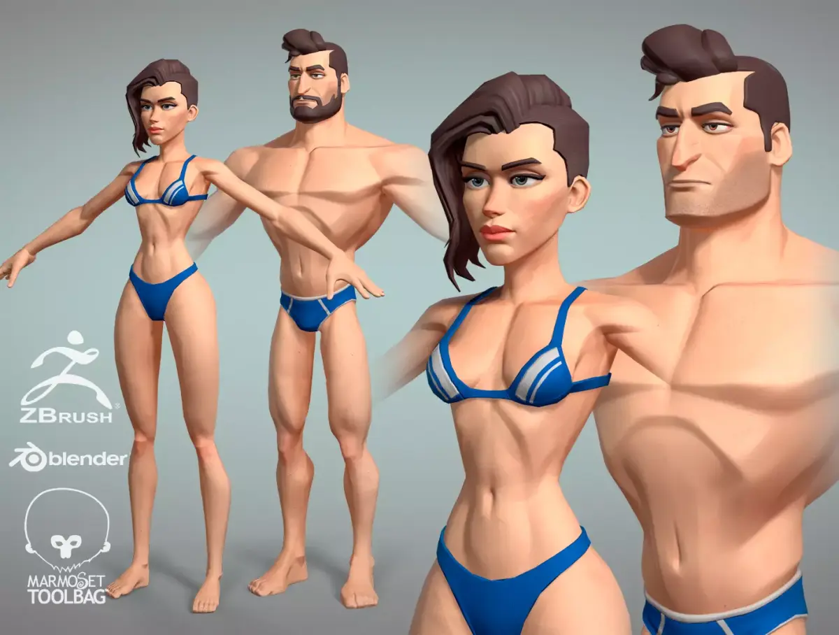 Cartoon male and female Character Hugh and Meg base mesh Low-poly 3D model