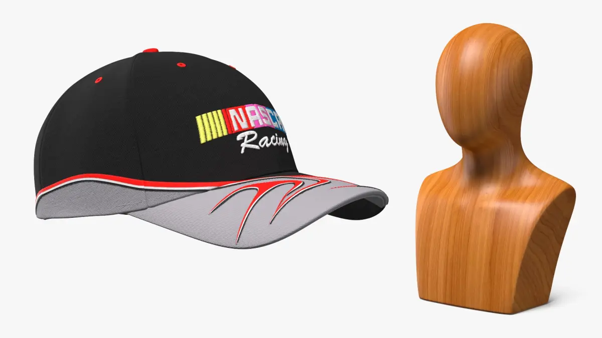 NASCAR Racing Vintage Cap 2000s on Wooden Mannequin 3D model