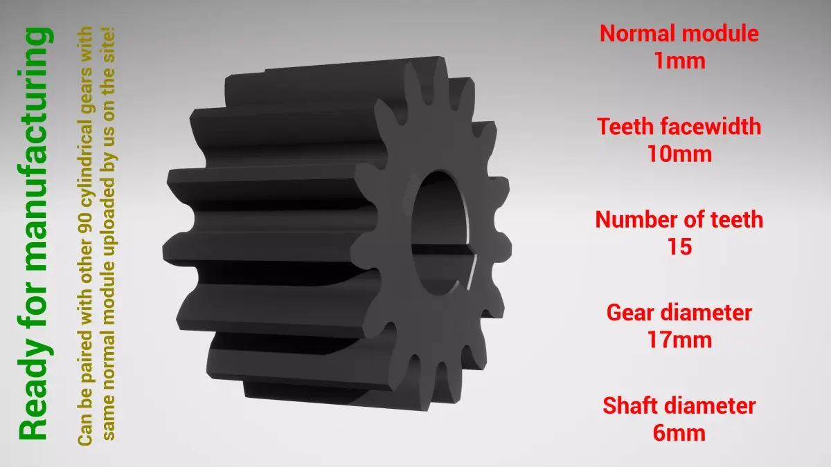 Cylindrical gear - paired - z15 m1 D17 d6 3D print model