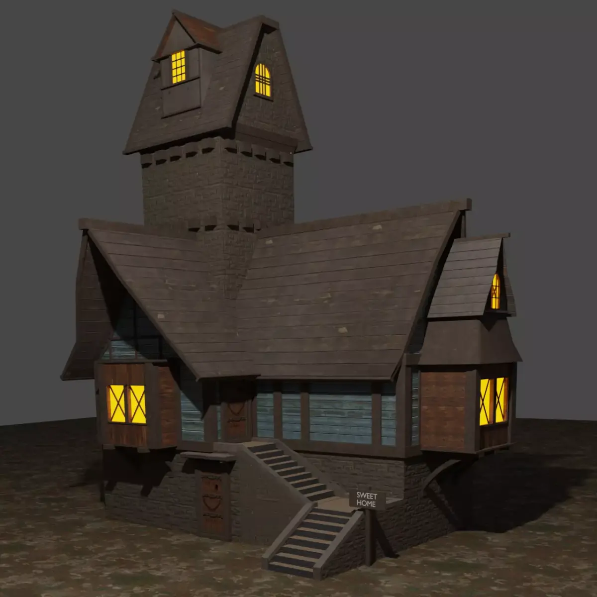 Medieval House Wood and Bricks Tower House Exterior 3D model