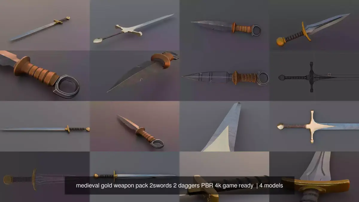 medieval gold weapon pack 2swords 2 daggers PBR 4k game ready  3D Model Collection