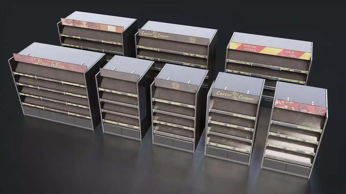 Supermarket Metal Shelf Display Set Low-poly 3D model