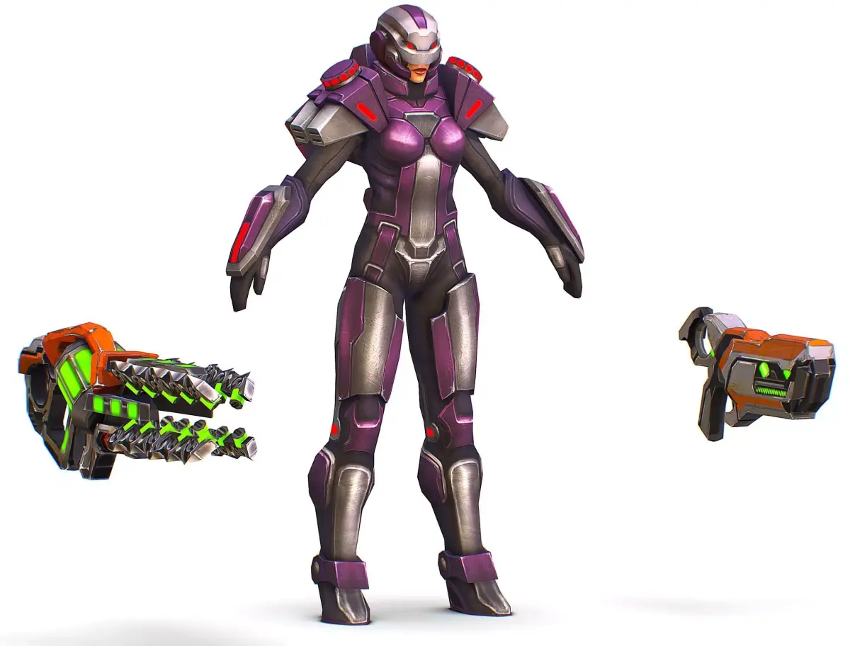 Woman Cyborg Machine Gun with Rifle and Pistol Low-poly 3D model
