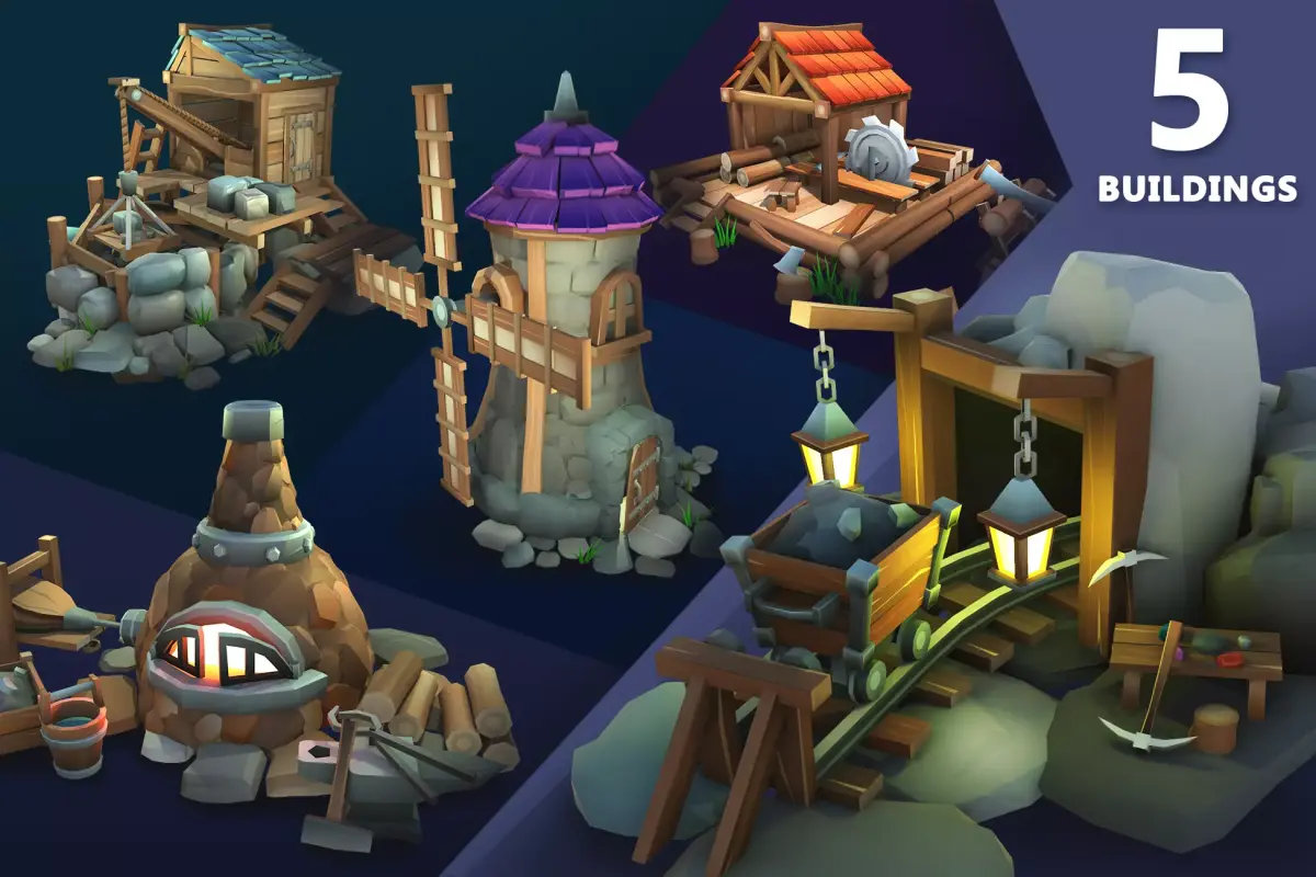 Stylized Village Resource Buildings 3D Model Collection