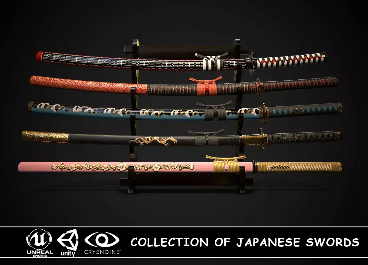 Collection of japanese swords Low-poly 3D model
