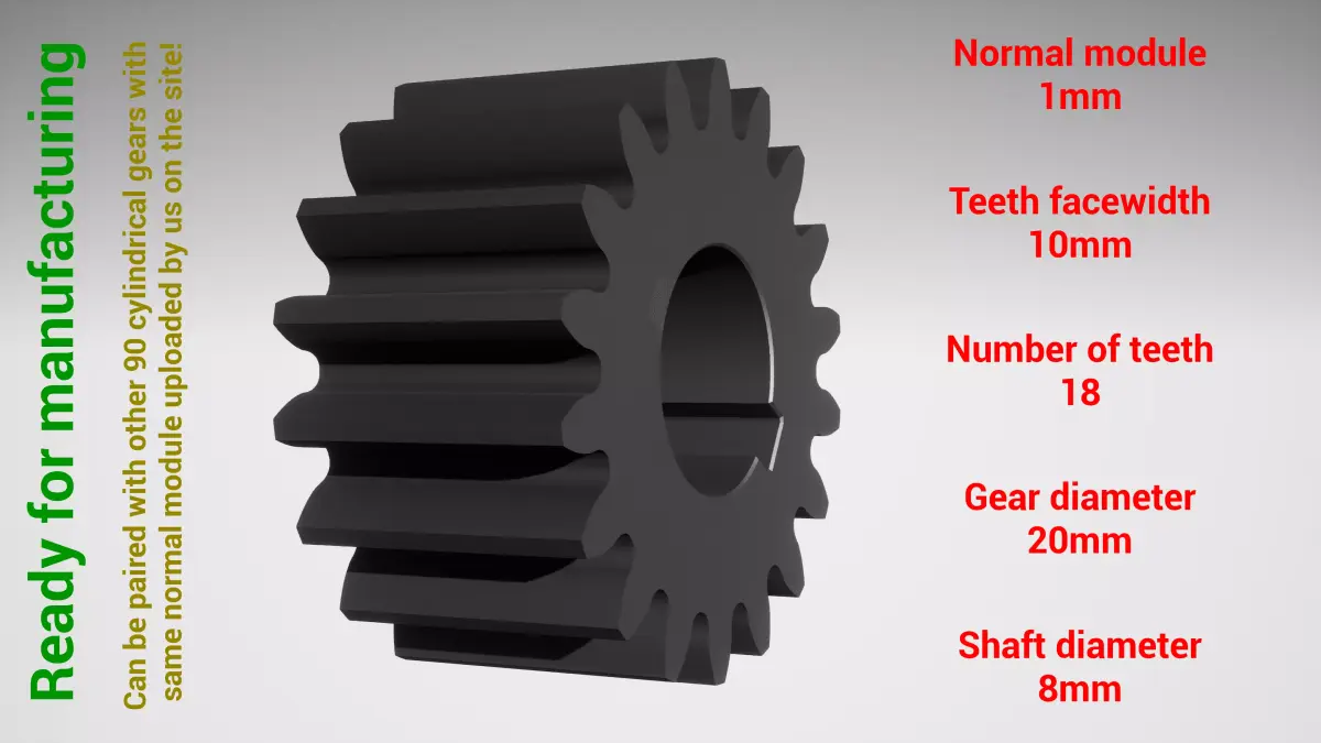 Cylindrical gear - paired - z18 m1 D20 d8 3D print model