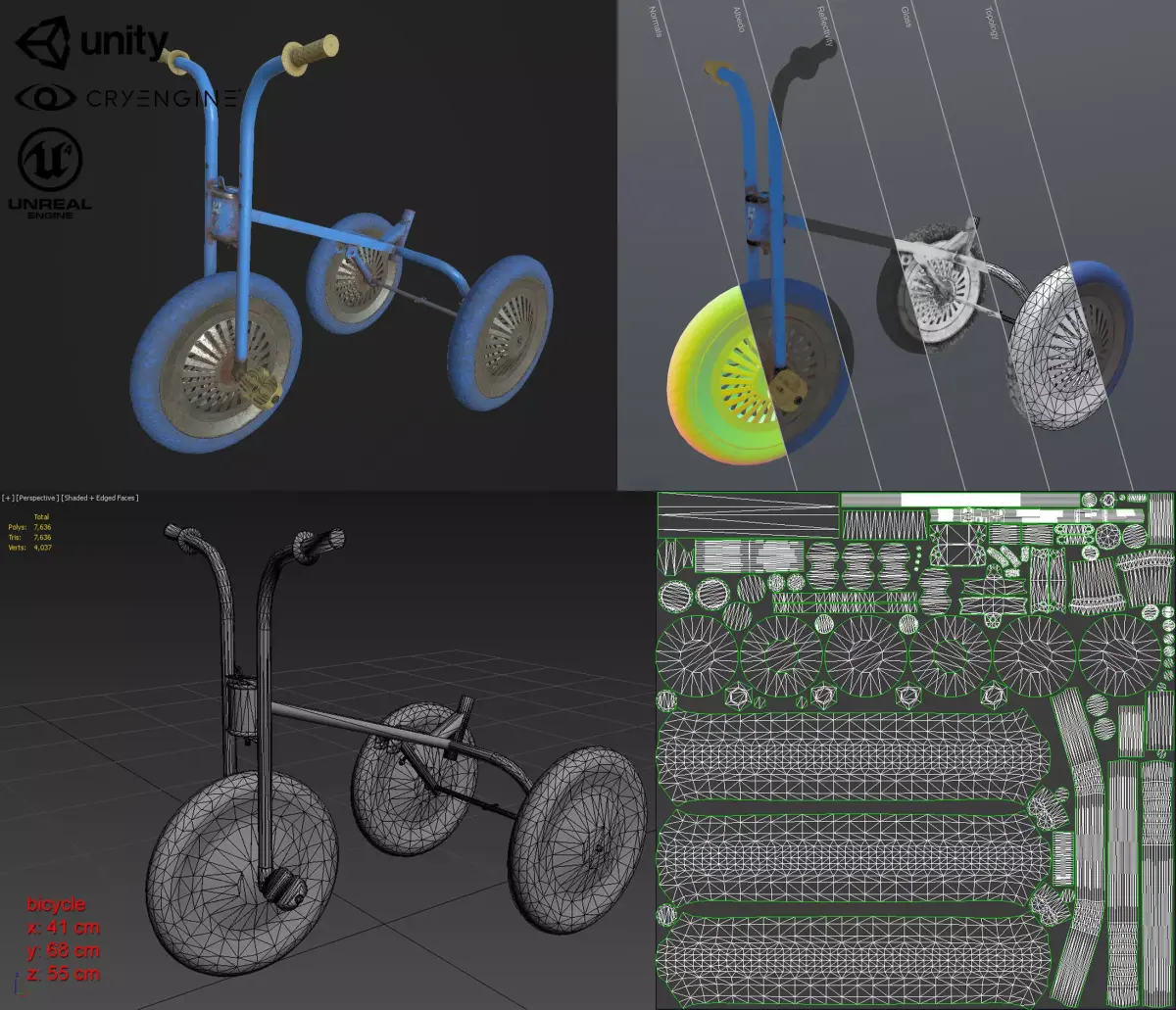 Broken Soviet children bicycle Low-poly 3D model