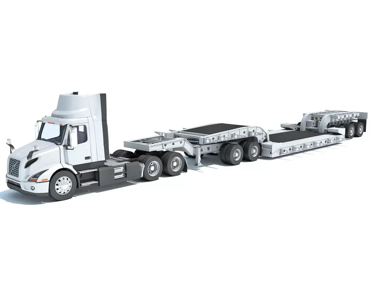 Semi Truck with Lowboy Trailer 3D model 2