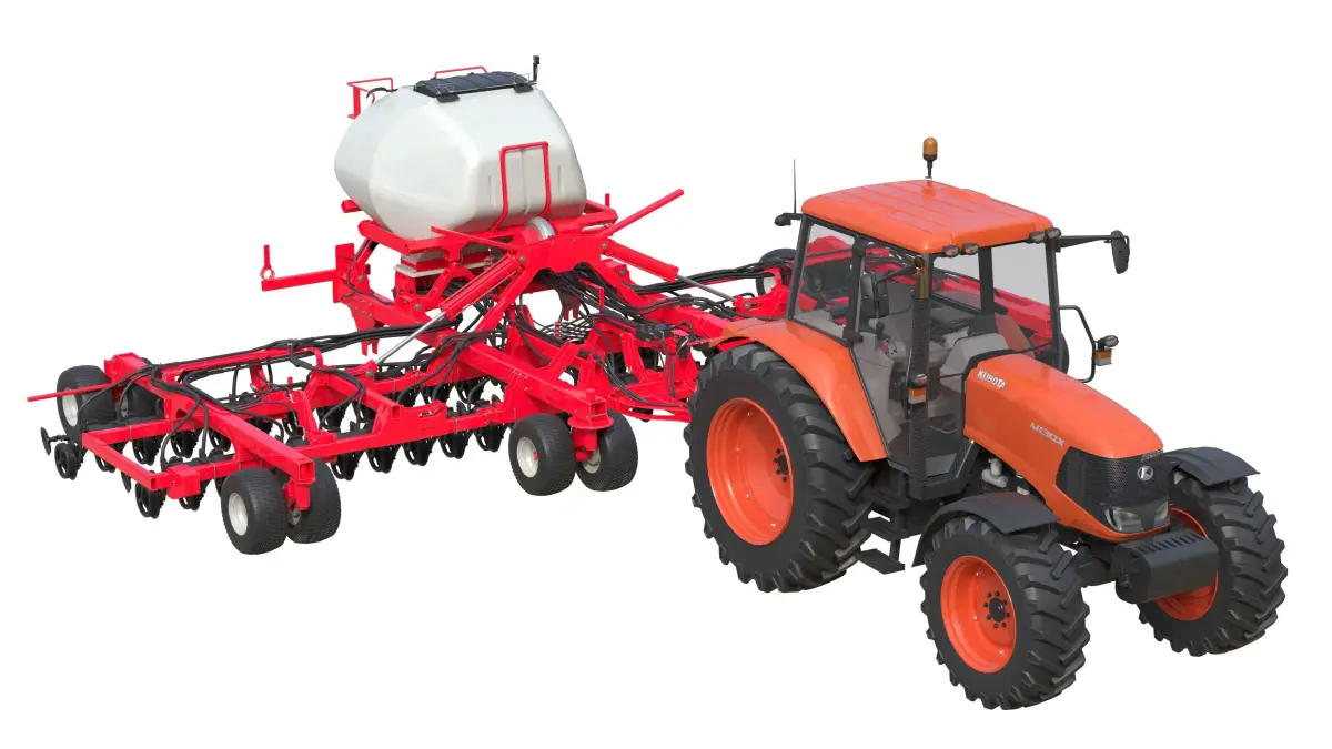 Kubota M130X1 Tractor and Seed Drill Low-poly 3D model