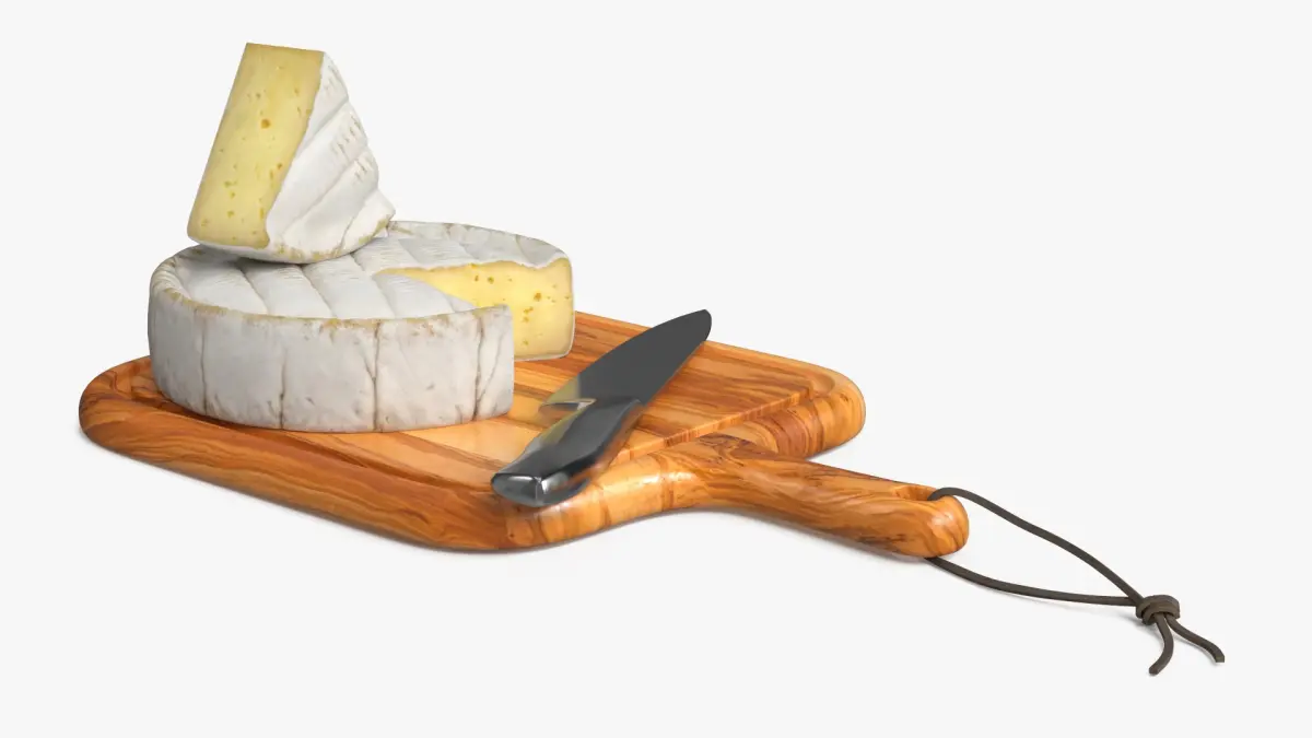 Brie Cheese Wheel on Wooden Board with Knife 3D model