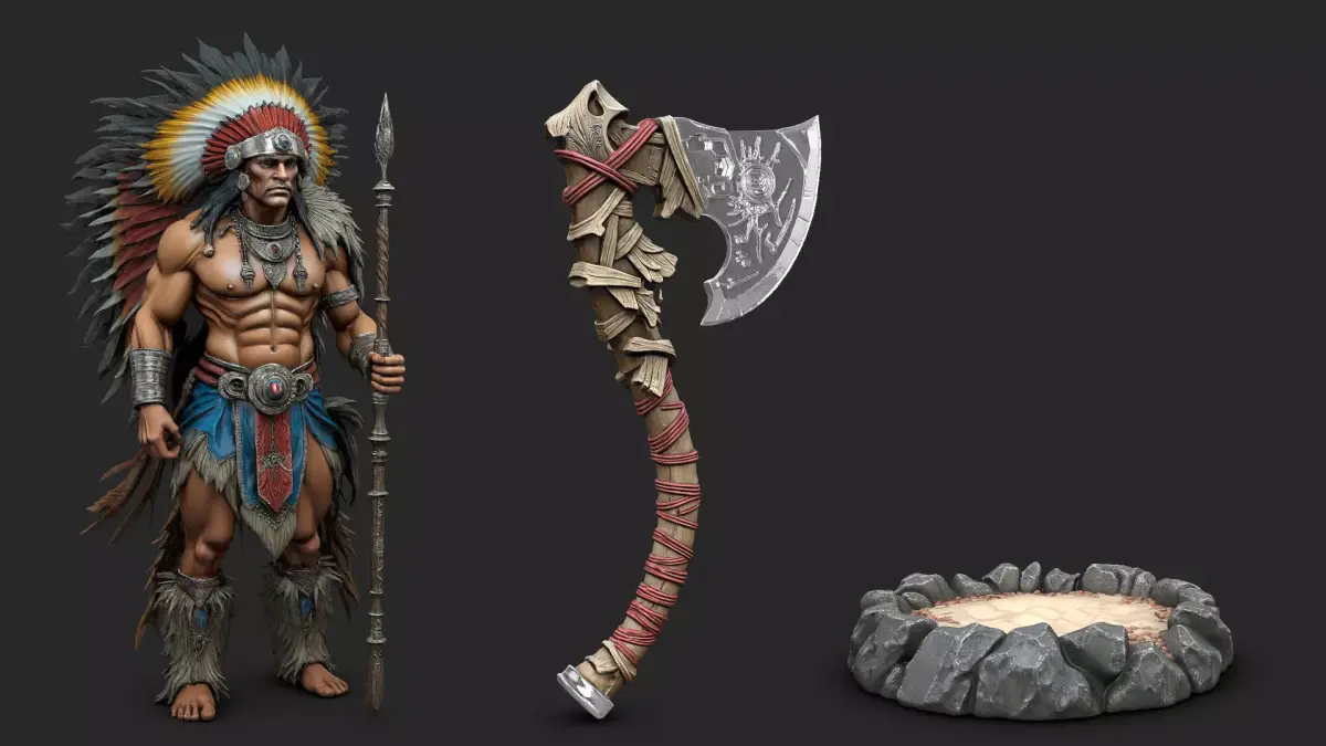Native american warrior chief with axe high poly resolution 3D model