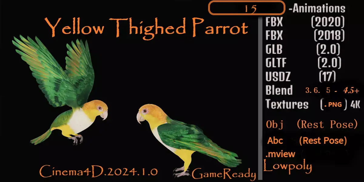 Yellow Thighed Parrot Bird Low-poly 3D model