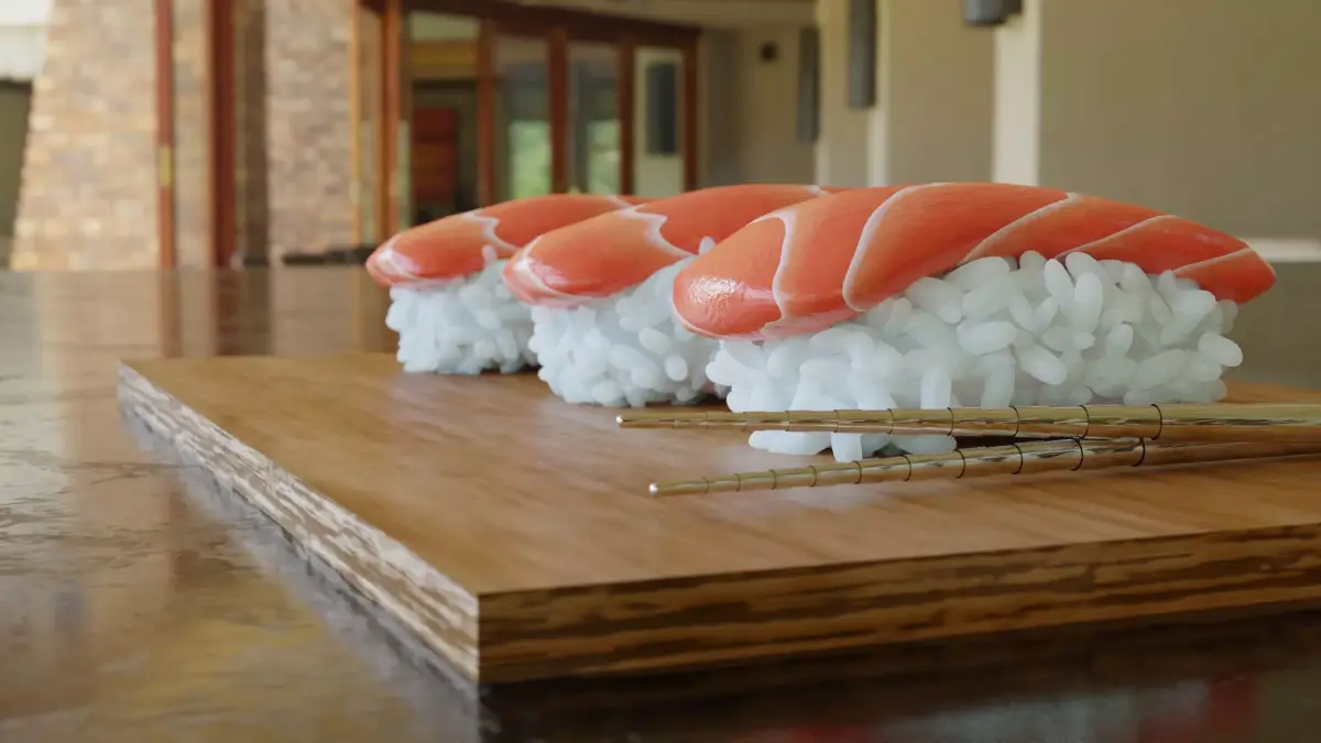 Sushi Model on wooden cutting board with chopsticks Free 3D model