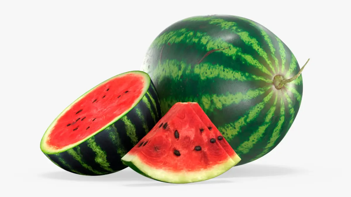 Fresh Watermelon with Half and Cut Slice 3D model