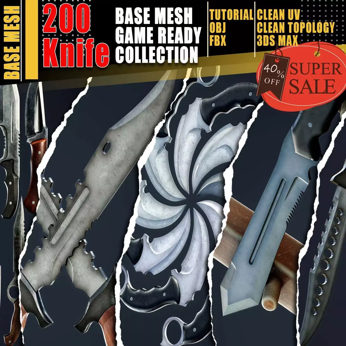 200 Knife Base Mesh Collection Game Ready  Video Tutorial Low-poly 3D model