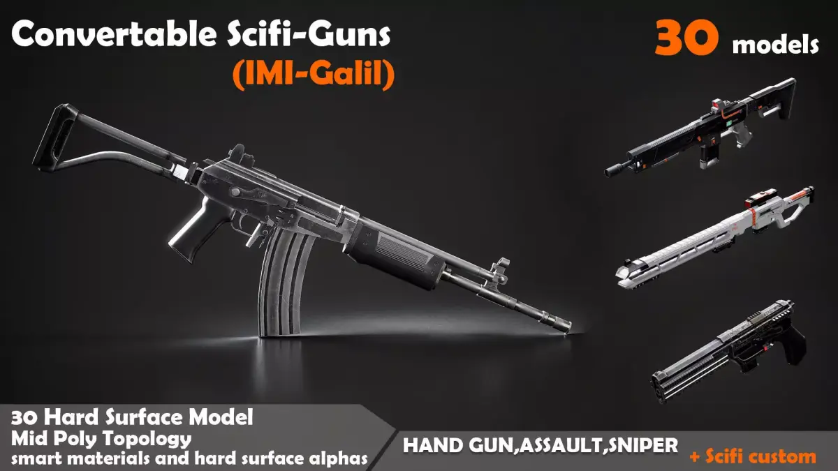 Convertable Sci-fi Guns IMI Galil Low-poly 3D model
