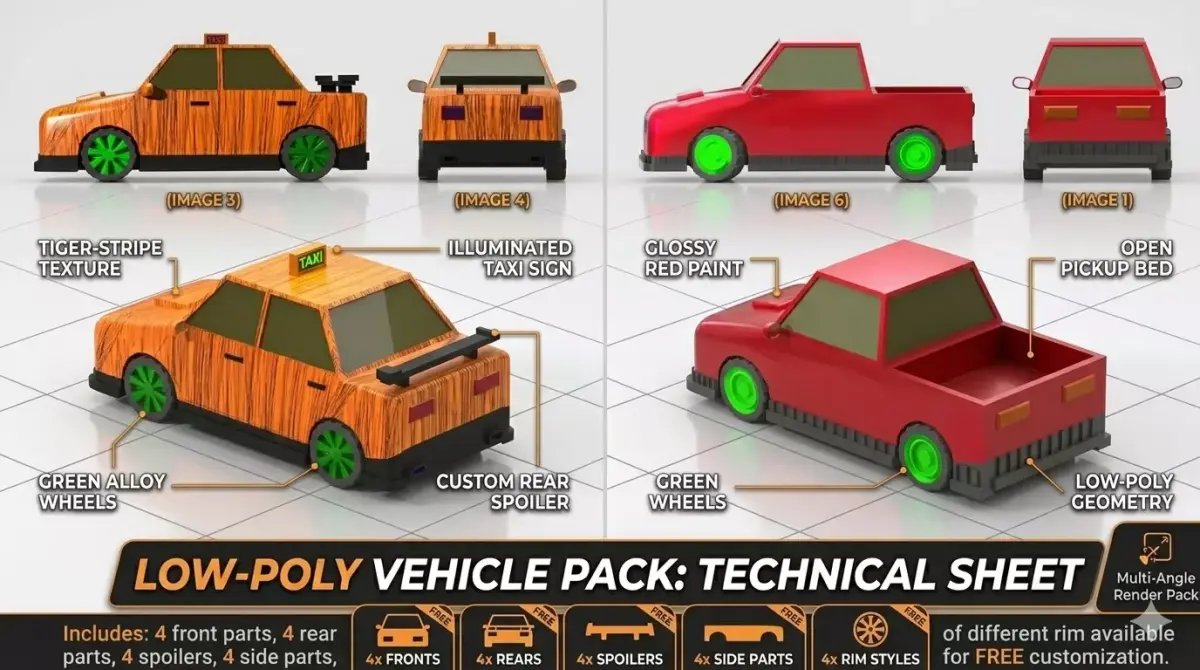fully optimized game ready cars with all parts pack for games Free low-poly 3D model