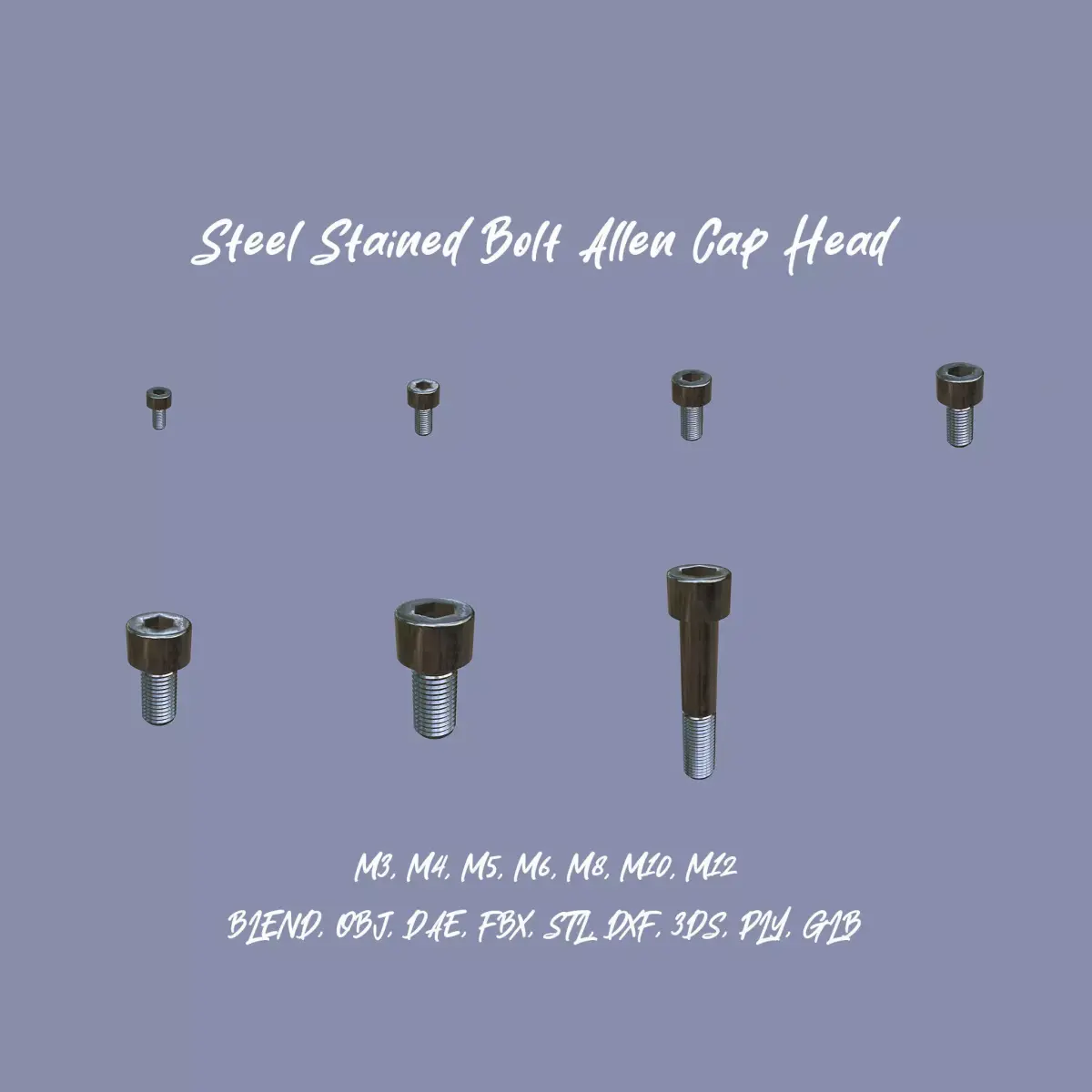 Steel Stained Bolt Allen Cap Collection with PBR 4K Textures 3D Model Pack