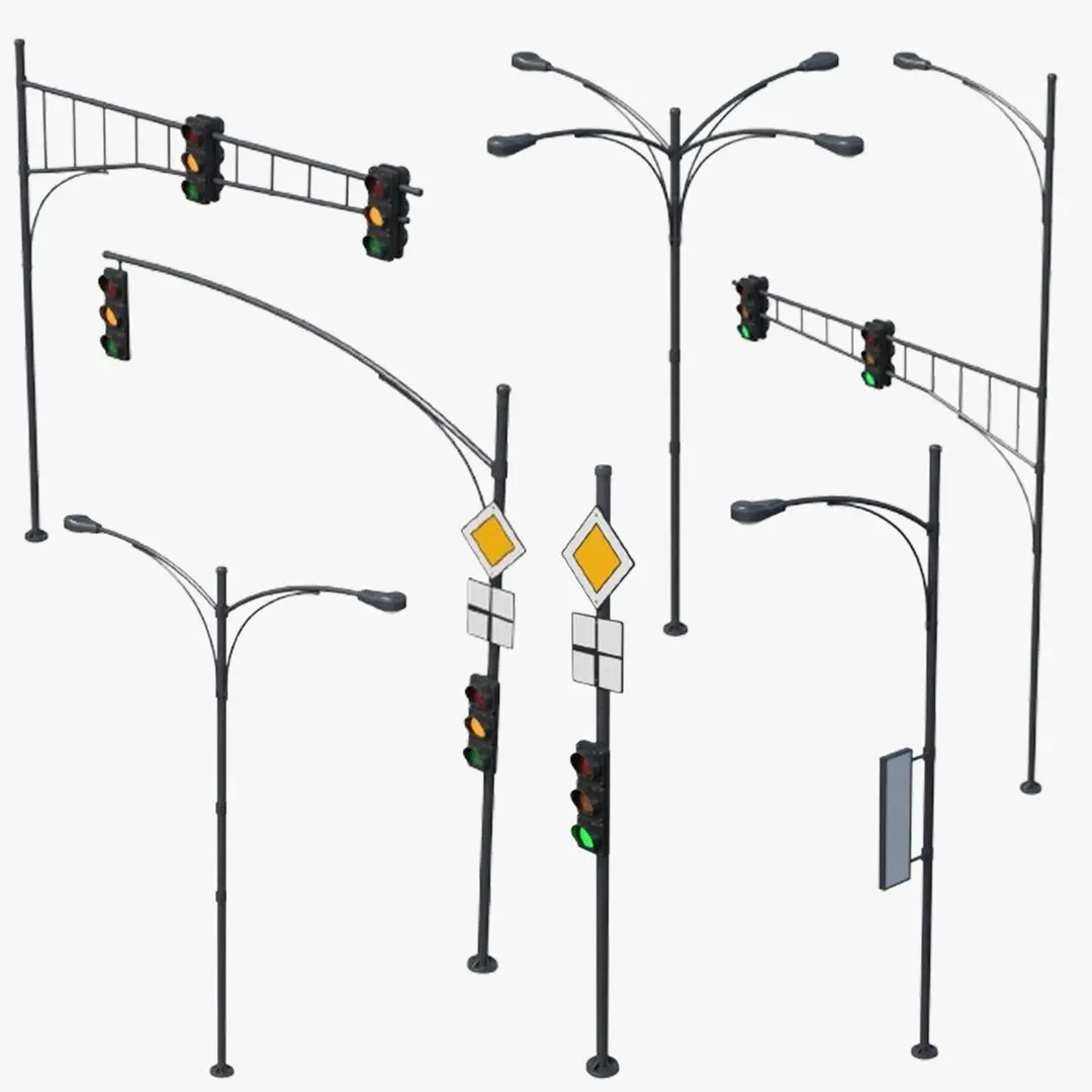 Street Traffic Light and Light Poles Collection 3D model