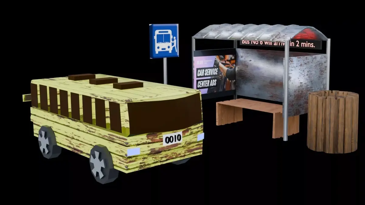 3d modeling low poly  old bus and bus stop  Low-poly 3D model