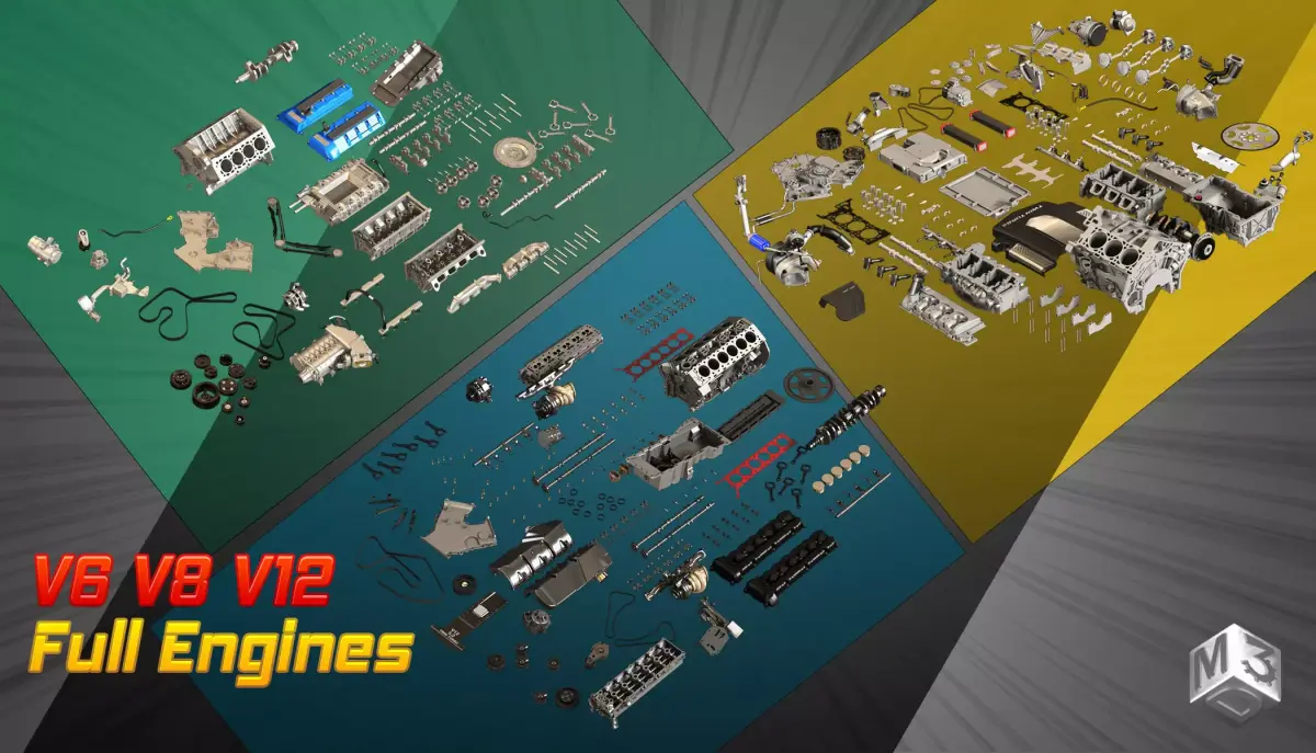 V6 V8 V12 Full Disassembled Parts Car Engine 3D Model Pack purchase
