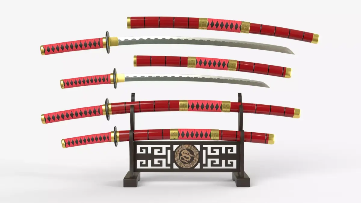 Red Double Bladed Katana Wakizashi and Stand 3D model