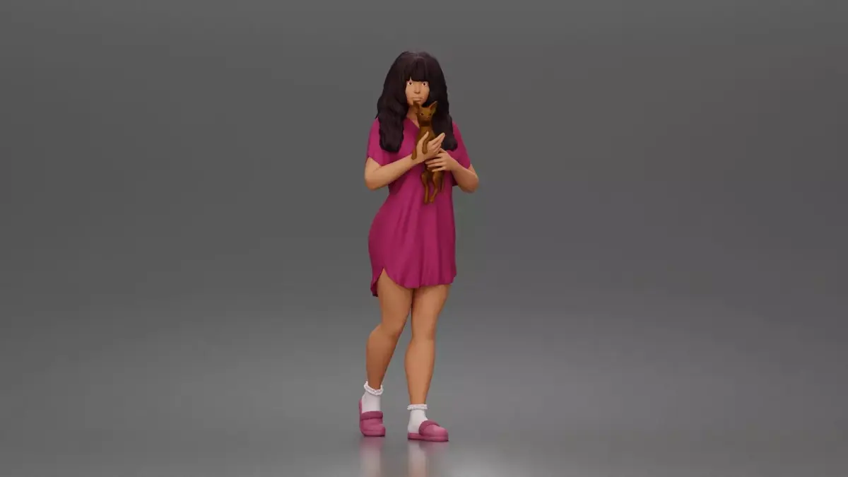 Pet lover woman cuddles tiny pup wearing comfy nightshirt socks  3D print model