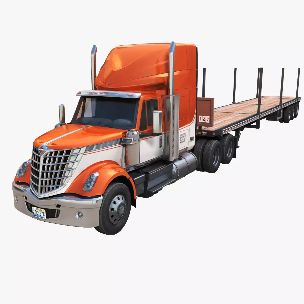 International LoneStar flatbed trailer truck Low-poly 3D model