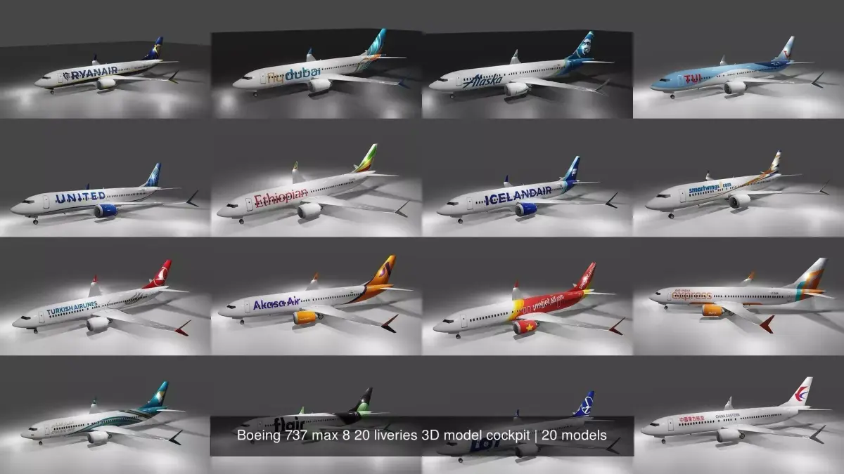Boeing 737 max 8 20 liveries 3D model cockpit 3D Model Collection