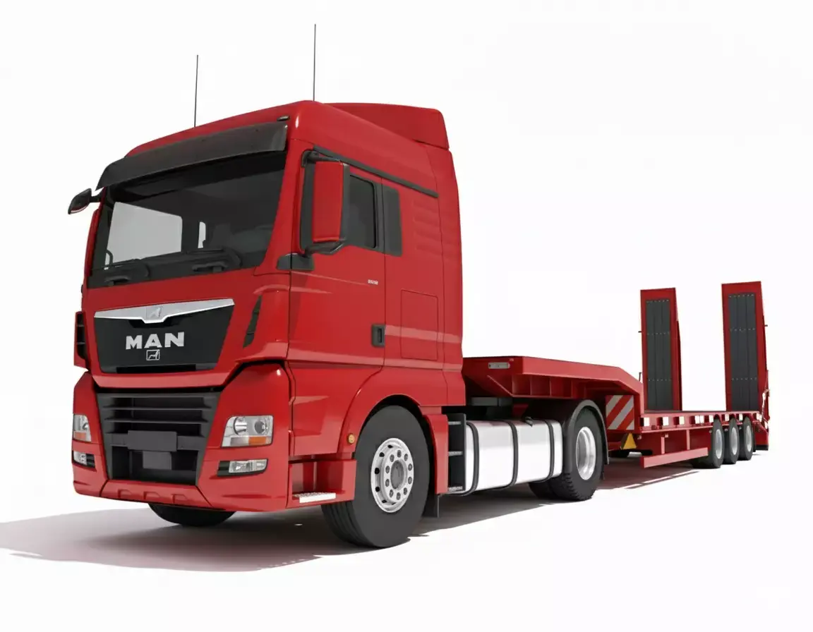 Tractor Truck with Lowboy Trailer Low-poly 3D model
