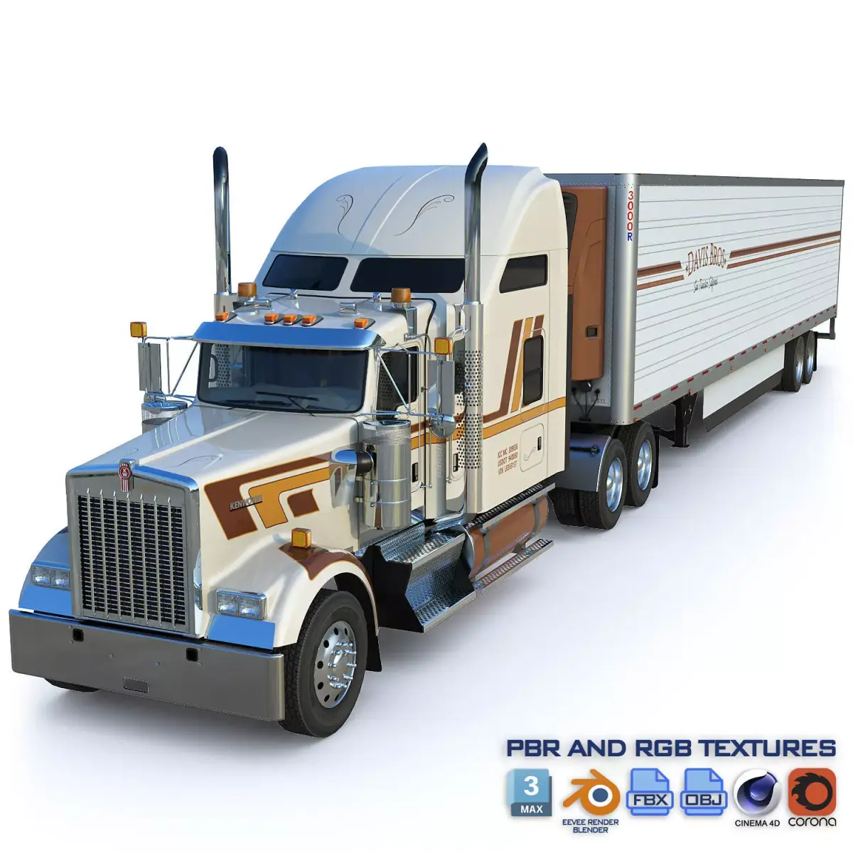 Kenworth W900 Sleeper and Refrigerator Low-poly 3D model