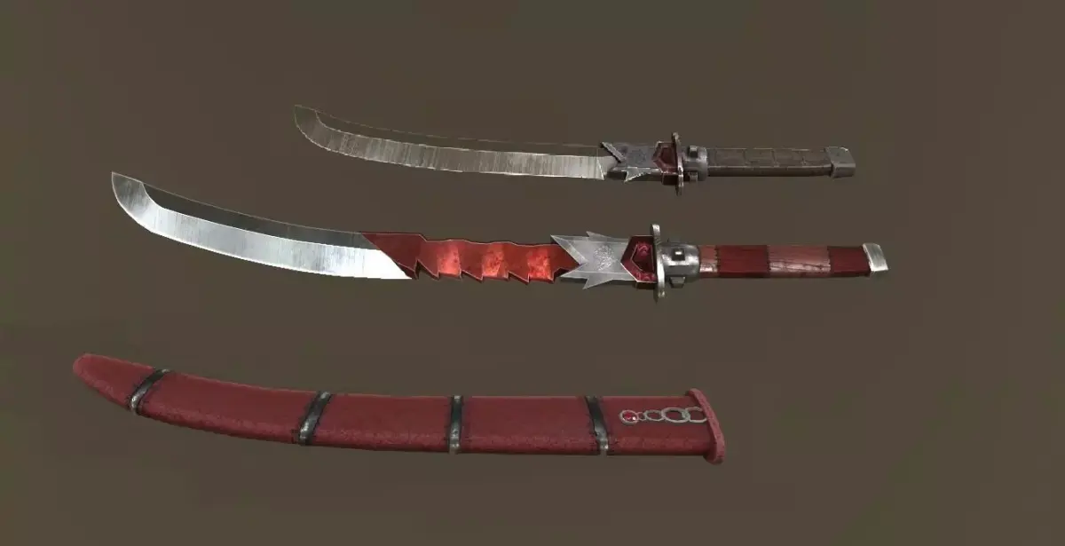 Stylized dragon Wakizashi and Katana with sheath Low-poly 3D model
